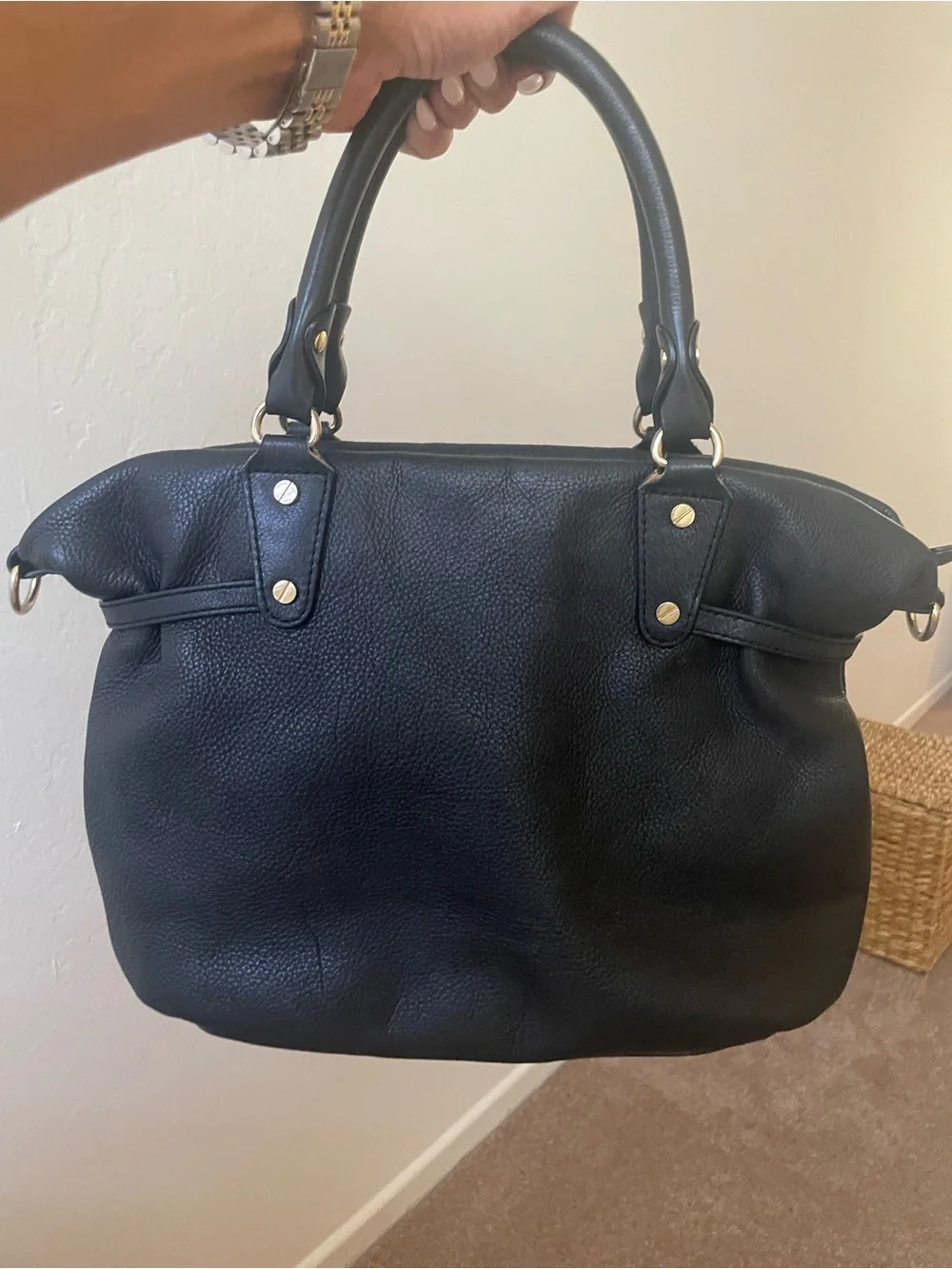 Michael Kors Black Pebbled Leather Satchel with Gold-Tone Accents